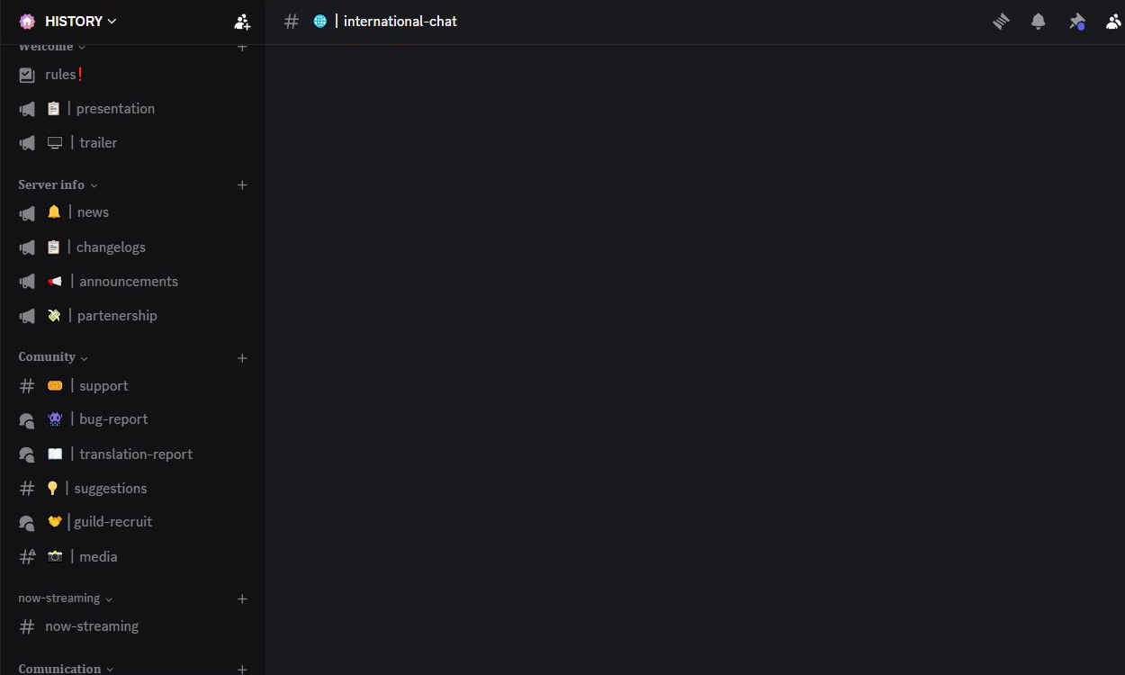 Interfața reală Discord a comunității History, fără date personale